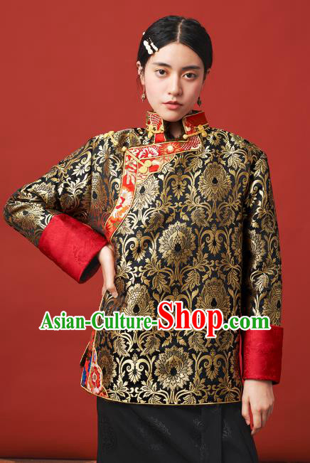 Chinese Zang Nationality Outer Garment Clothing Tibetan Ethnic Black Brocade Jacket