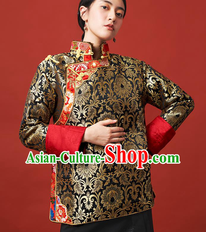 Chinese Zang Nationality Outer Garment Clothing Tibetan Ethnic Black Brocade Jacket