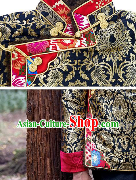 Chinese Zang Nationality Outer Garment Clothing Tibetan Ethnic Black Brocade Jacket