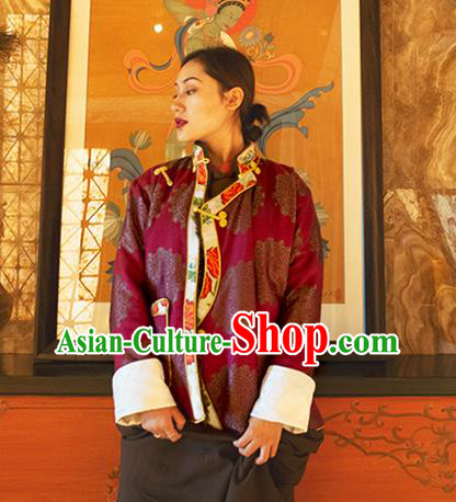 Chinese Tibetan Ethnic Purple Brocade Jacket Zang Nationality Outer Garment Clothing