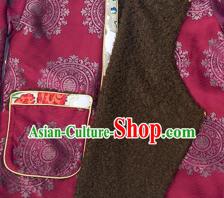Chinese Tibetan Ethnic Purple Brocade Jacket Zang Nationality Outer Garment Clothing