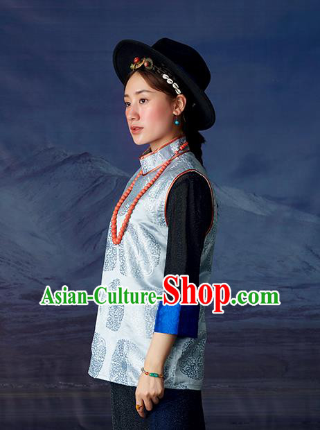 Chinese Tibetan Ethnic Light Blue Brocade Waistcoat Zang Nationality Vest Clothing