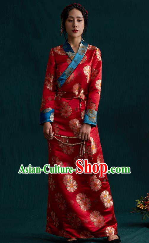 China Tibetan Ethnic Woman Folk Dance Clothing Zang Nationality Red Brocade Bola Dress