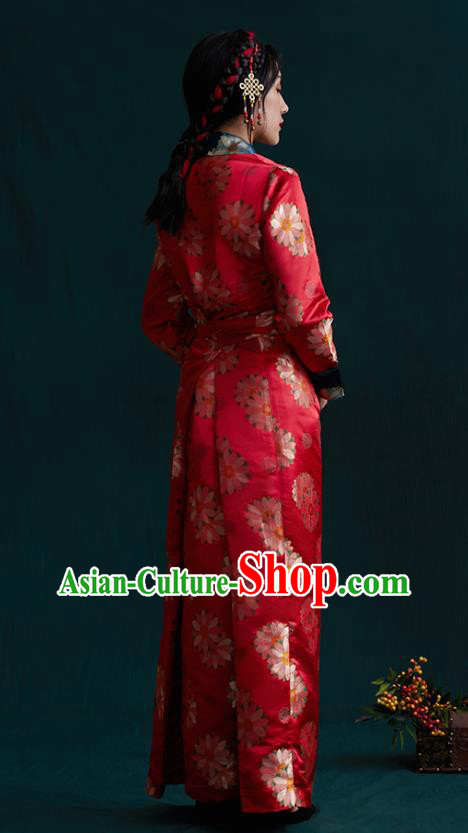 China Tibetan Ethnic Woman Folk Dance Clothing Zang Nationality Red Brocade Bola Dress