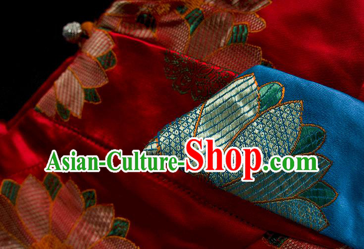 China Tibetan Ethnic Woman Folk Dance Clothing Zang Nationality Red Brocade Bola Dress
