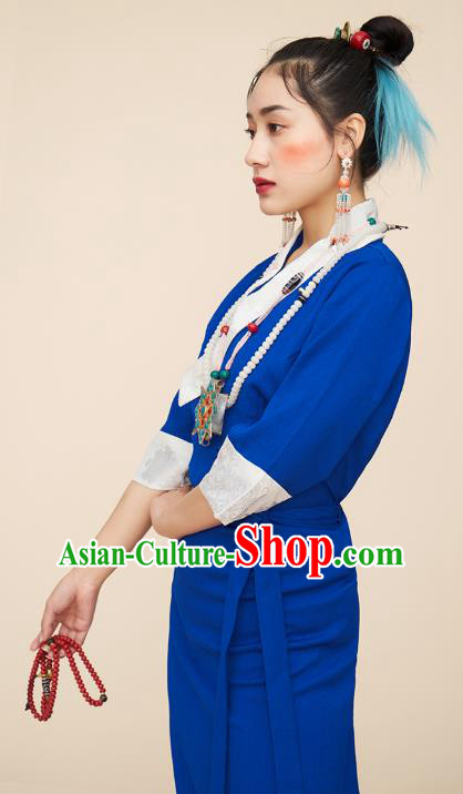 China Zang Nationality Blue Bola Dress Tibetan Ethnic Woman Folk Dance Clothing