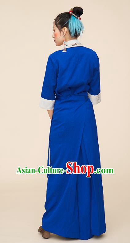 China Zang Nationality Blue Bola Dress Tibetan Ethnic Woman Folk Dance Clothing