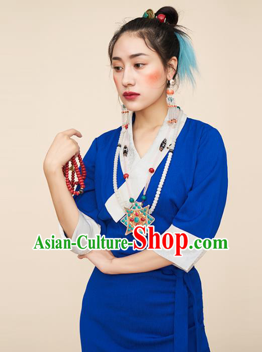 China Zang Nationality Blue Bola Dress Tibetan Ethnic Woman Folk Dance Clothing