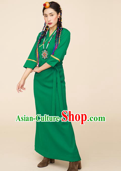 China Zang Nationality Folk Dance Green Bola Dress Tibetan Ethnic Woman Clothing