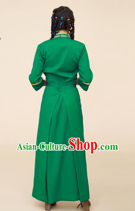 China Zang Nationality Folk Dance Green Bola Dress Tibetan Ethnic Woman Clothing