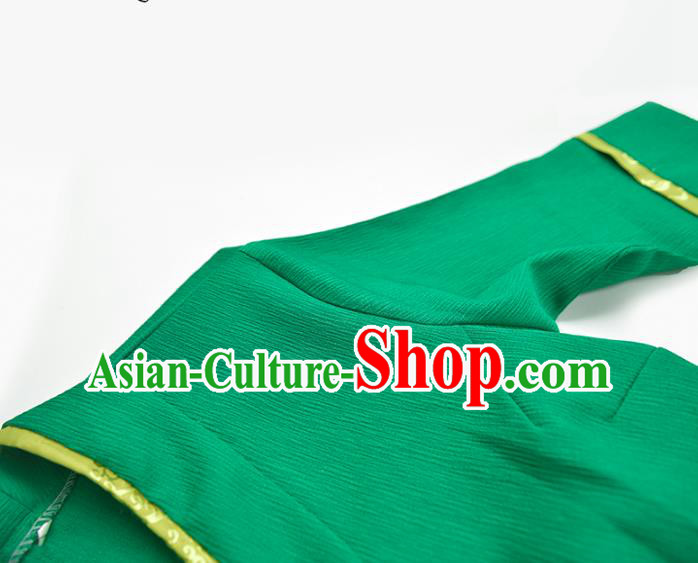 China Zang Nationality Folk Dance Green Bola Dress Tibetan Ethnic Woman Clothing