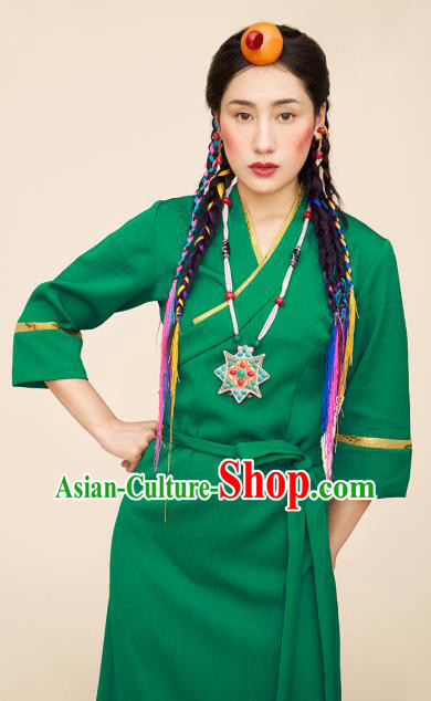 China Zang Nationality Folk Dance Green Bola Dress Tibetan Ethnic Woman Clothing