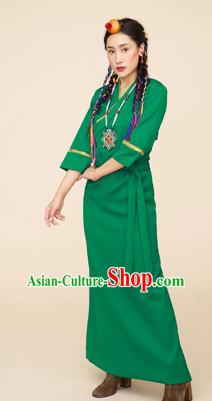 China Zang Nationality Folk Dance Green Bola Dress Tibetan Ethnic Woman Clothing