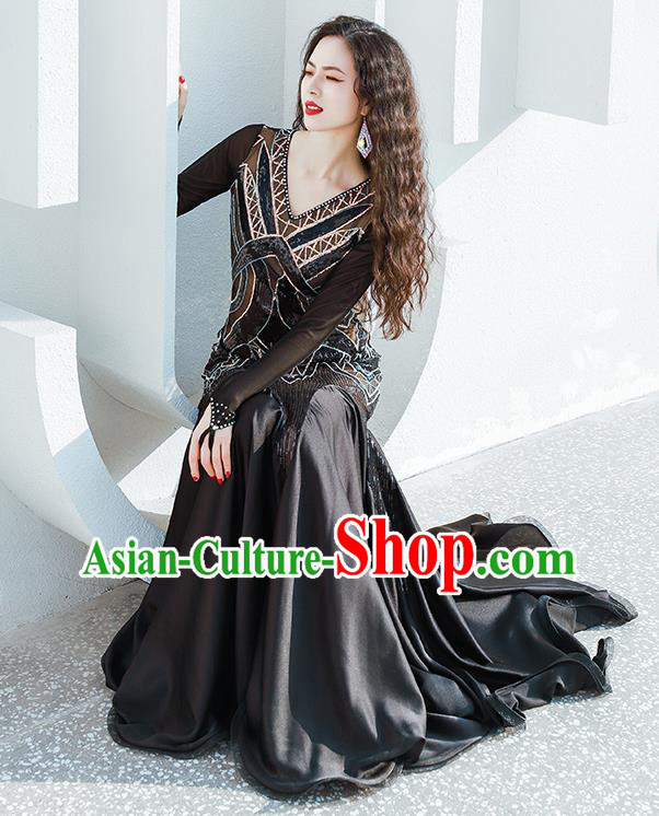 India Traditional Belly Dance Clothing Asian Oriental Dance Black Fishtail Dress