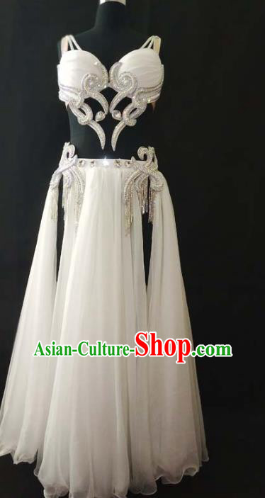 Traditional Asian Oriental Dance Competition Clothing Bra and Skirt Indian Belly Dance White Chiffon Outfits