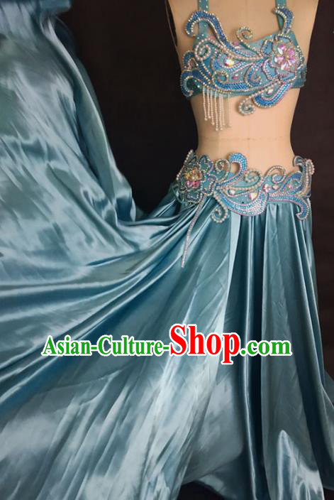 Asian Oriental Dance Competition Bra and Skirt Clothing Indian Traditional Belly Dance Sexy Blue Outfits