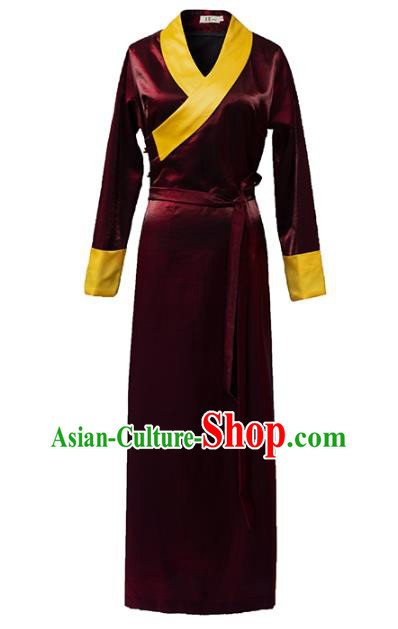 China Traditional Tibetan Ethnic Woman Clothing Zang Nationality Kangba Wine Red Bola Dress