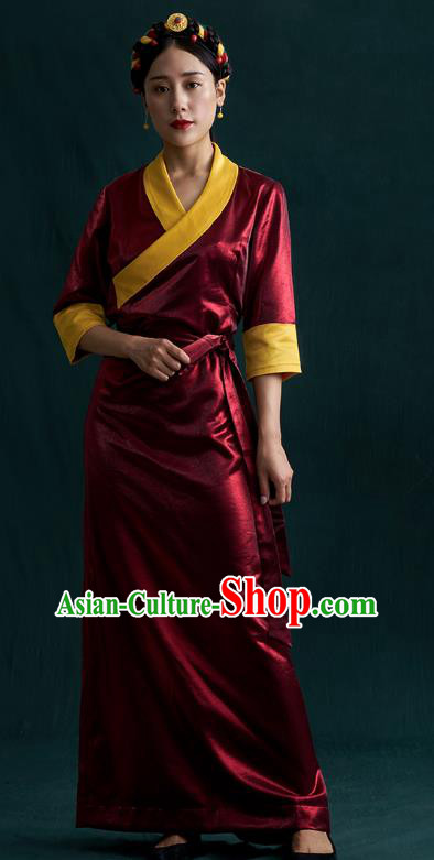 China Traditional Tibetan Ethnic Woman Clothing Zang Nationality Kangba Wine Red Bola Dress
