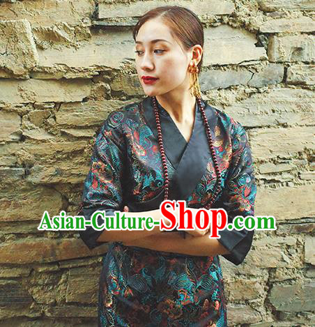 China Zang Nationality Navy Brocade Bola Dress Clothing Tibetan Ethnic Woman Costume