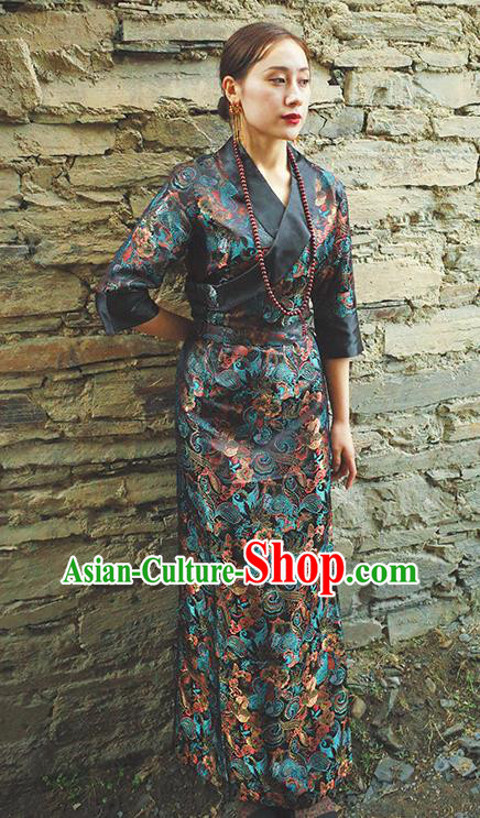 China Zang Nationality Navy Brocade Bola Dress Clothing Tibetan Ethnic Woman Costume