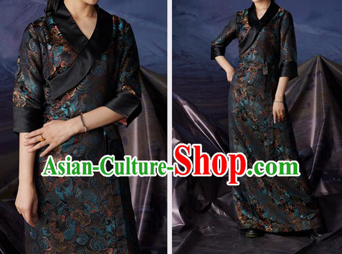 China Zang Nationality Navy Brocade Bola Dress Clothing Tibetan Ethnic Woman Costume