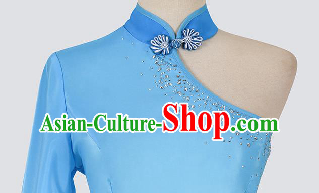 Chinese Folk Dance Blue Outfits Woman Fan Dance Yangko Dance Clothing