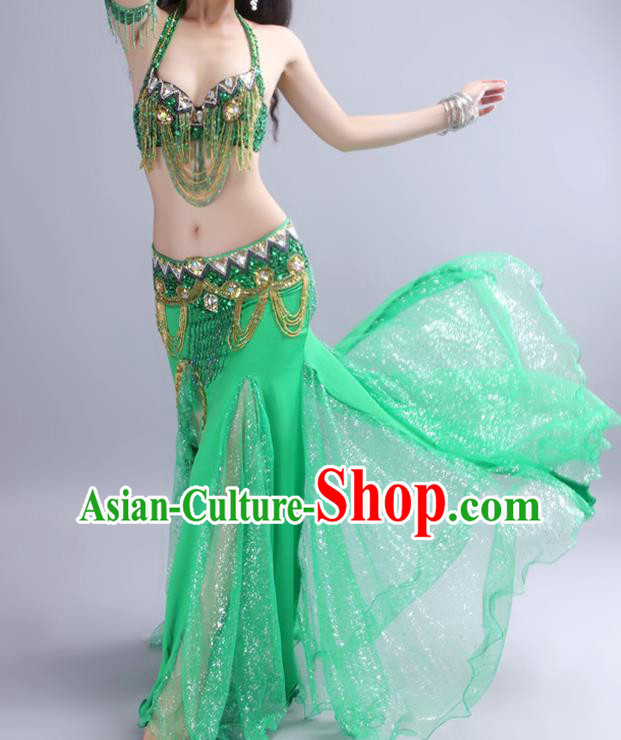 Asian Indian Stage Performance Dance Green Clothing Traditional India Oriental Dance Belly Dance Bra and Skirt Outfits