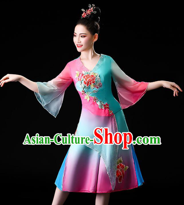 Chinese Traditional Folk Dance Clothing Asian Yangko Dance Performance Embroidered Blue Outfits