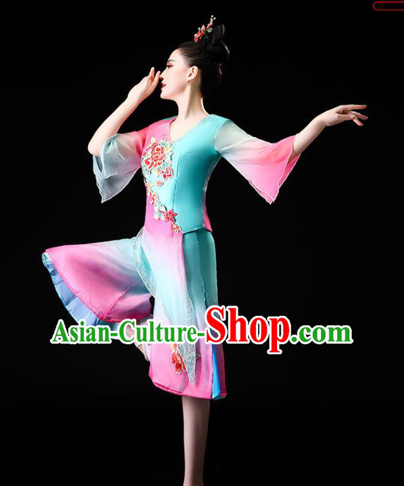 Chinese Traditional Folk Dance Clothing Asian Yangko Dance Performance Embroidered Blue Outfits
