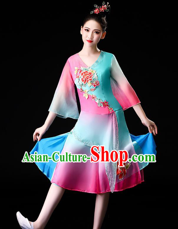 Chinese Traditional Folk Dance Clothing Asian Yangko Dance Performance Embroidered Blue Outfits