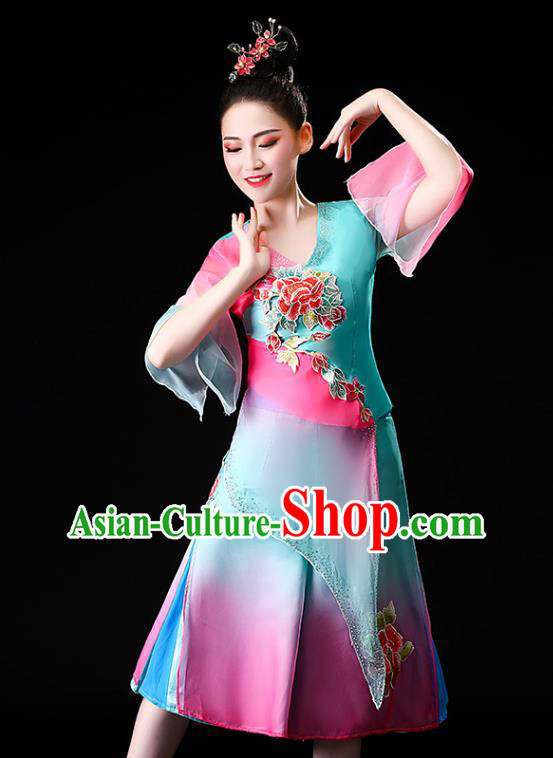 Chinese Traditional Folk Dance Clothing Asian Yangko Dance Performance Embroidered Blue Outfits