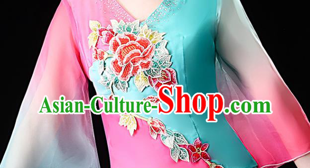 Chinese Traditional Folk Dance Clothing Asian Yangko Dance Performance Embroidered Blue Outfits