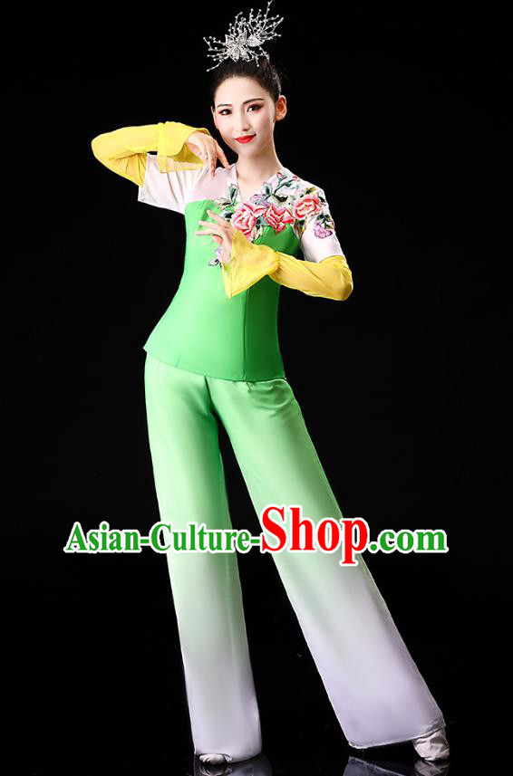 Chinese Yangko Dance Performance Embroidered Green Outfits Traditional Folk Dance Clothing