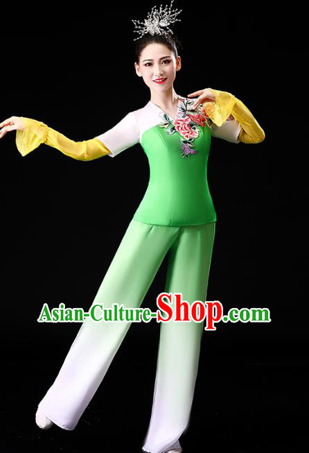 Chinese Yangko Dance Performance Embroidered Green Outfits Traditional Folk Dance Clothing