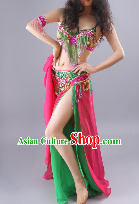 Traditional Asian Indian Belly Dance Group Dance Clothing India Oriental Dance Beads Tassel Bra and Green Skirt Outfits