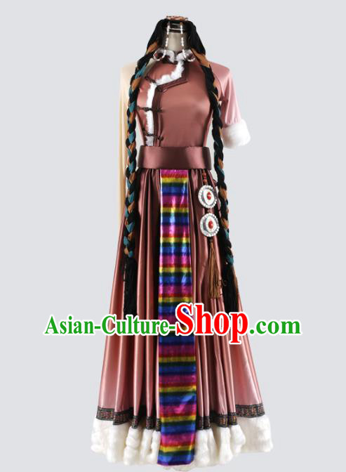 China Traditional Tibetan Ethnic Stage Performance Clothing Zang Nationality Folk Dance Brown Dress Costume and Headwear