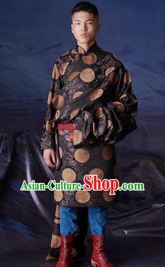 Chinese Zang Nationality Kangba Folk Dance Clothing Tibetan Minority Black Brocade Robe Costume for Men