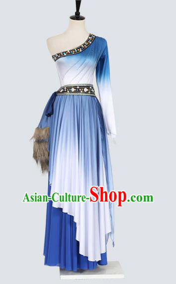 Chinese Classical Dance Blue Dress Outfits Folk Dance Stage Performance Clothing
