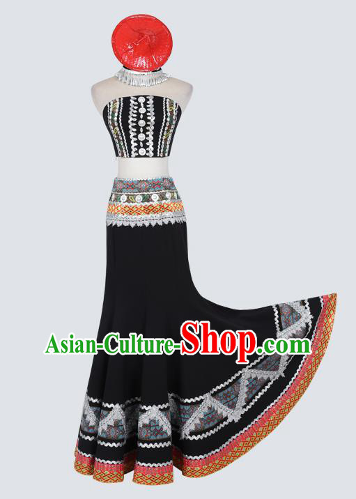 China Traditional Yunnan Ethnic Folk Dance Clothing Dai Nationality Stage Performance Black Dress Costume and Hat