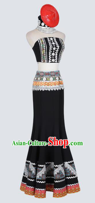 China Traditional Yunnan Ethnic Folk Dance Clothing Dai Nationality Stage Performance Black Dress Costume and Hat