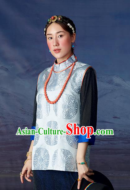 Chinese Tibetan Ethnic Light Blue Brocade Waistcoat Zang Nationality Vest Clothing