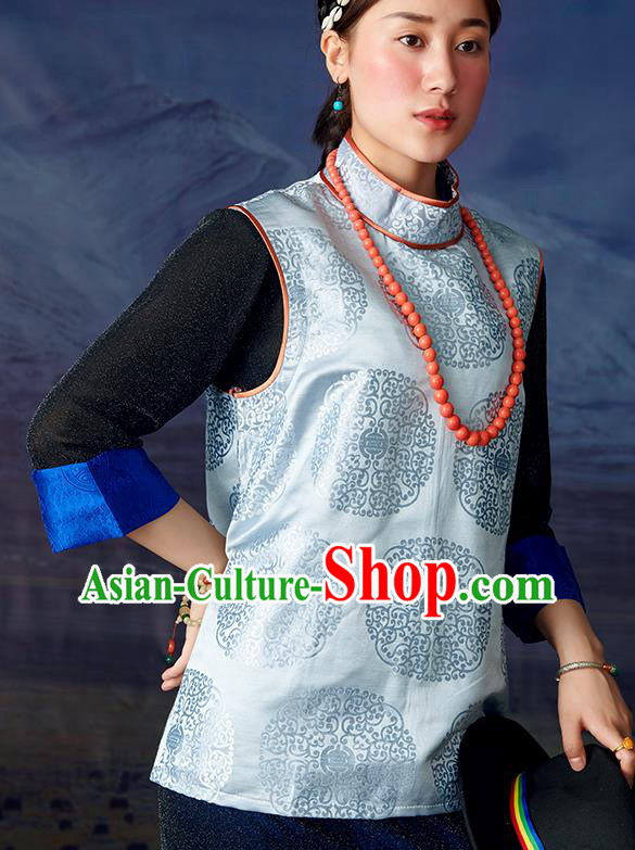 Chinese Tibetan Ethnic Light Blue Brocade Waistcoat Zang Nationality Vest Clothing