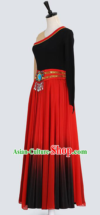 China Traditional Zang Ethnic Folk Dance Clothing Tibetan Nationality Red Dress Outfits
