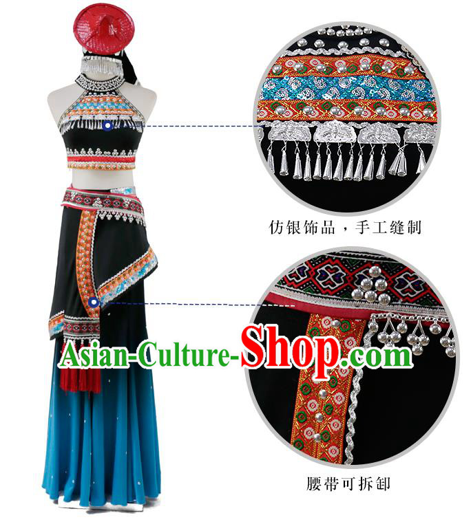 China Traditional Yunnan Ethnic Peacock Dance Clothing Dai Nationality Dress Outfits and Hat