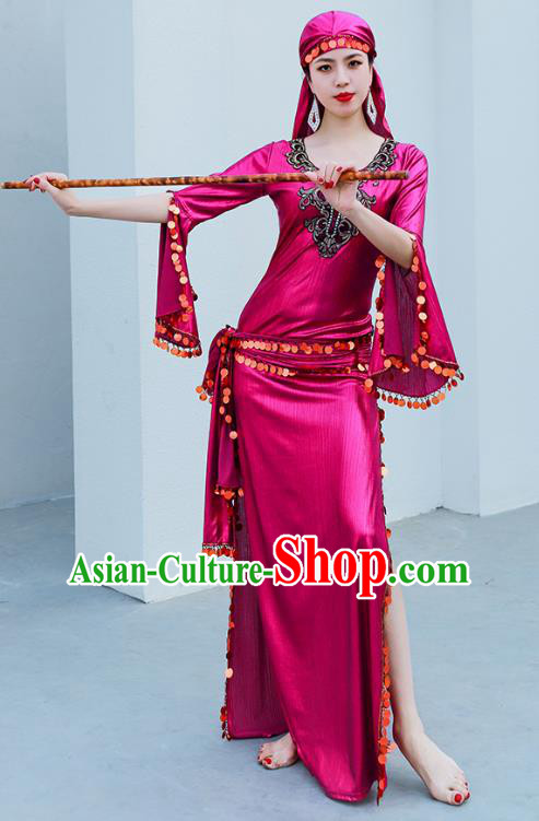 Asian Oriental Dance Raks Sharki Stage Performance Costume Indian Traditional Belly Dance Rosy Robe and Headpiece