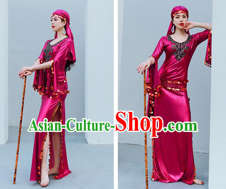 Asian Oriental Dance Raks Sharki Stage Performance Costume Indian Traditional Belly Dance Rosy Robe and Headpiece