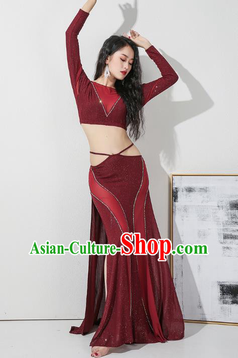 Asian Raks Sharki Oriental Dance Costume Indian Traditional Belly Dance Training Wine Red Uniforms