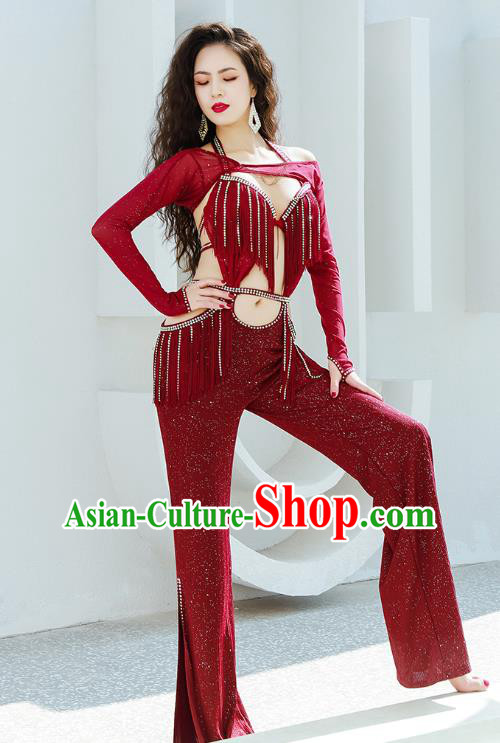 Asian Indian Belly Dance Wine Red Uniforms Traditional Raks Sharki Oriental Dance Jumpsuit Costume