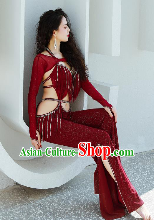 Asian Indian Belly Dance Wine Red Uniforms Traditional Raks Sharki Oriental Dance Jumpsuit Costume