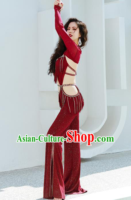 Asian Indian Belly Dance Wine Red Uniforms Traditional Raks Sharki Oriental Dance Jumpsuit Costume